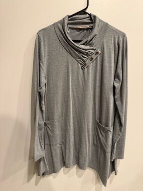 Women's Gray Cowl Neck Tunic Sweater with Button Detail